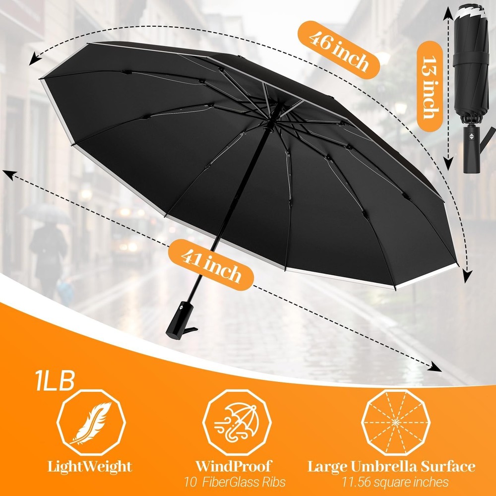 Inverted Automatic Travel Umbrella with Reflective Strip, Windproof & Compact...