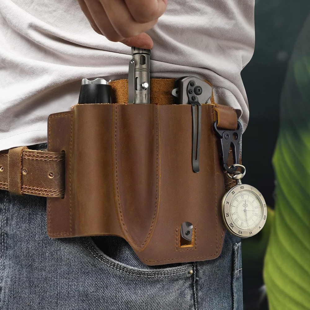 Jack&Chris Leather EDC Multitool Sheath for Belt, Belt Organizer Brown