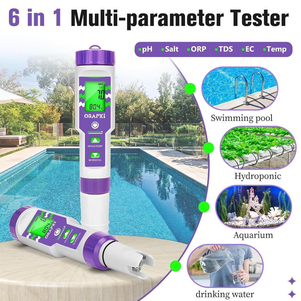 Precision pH and Salinity Testing for Pools - Reliable 6-in-1 Meter for Home Use
