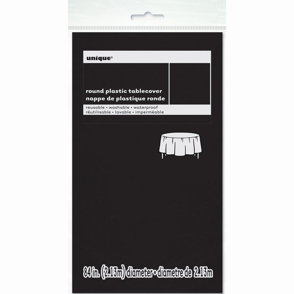 Black Solid Round Plastic Table Cover (84") 1 Count - 7.5" (Round),