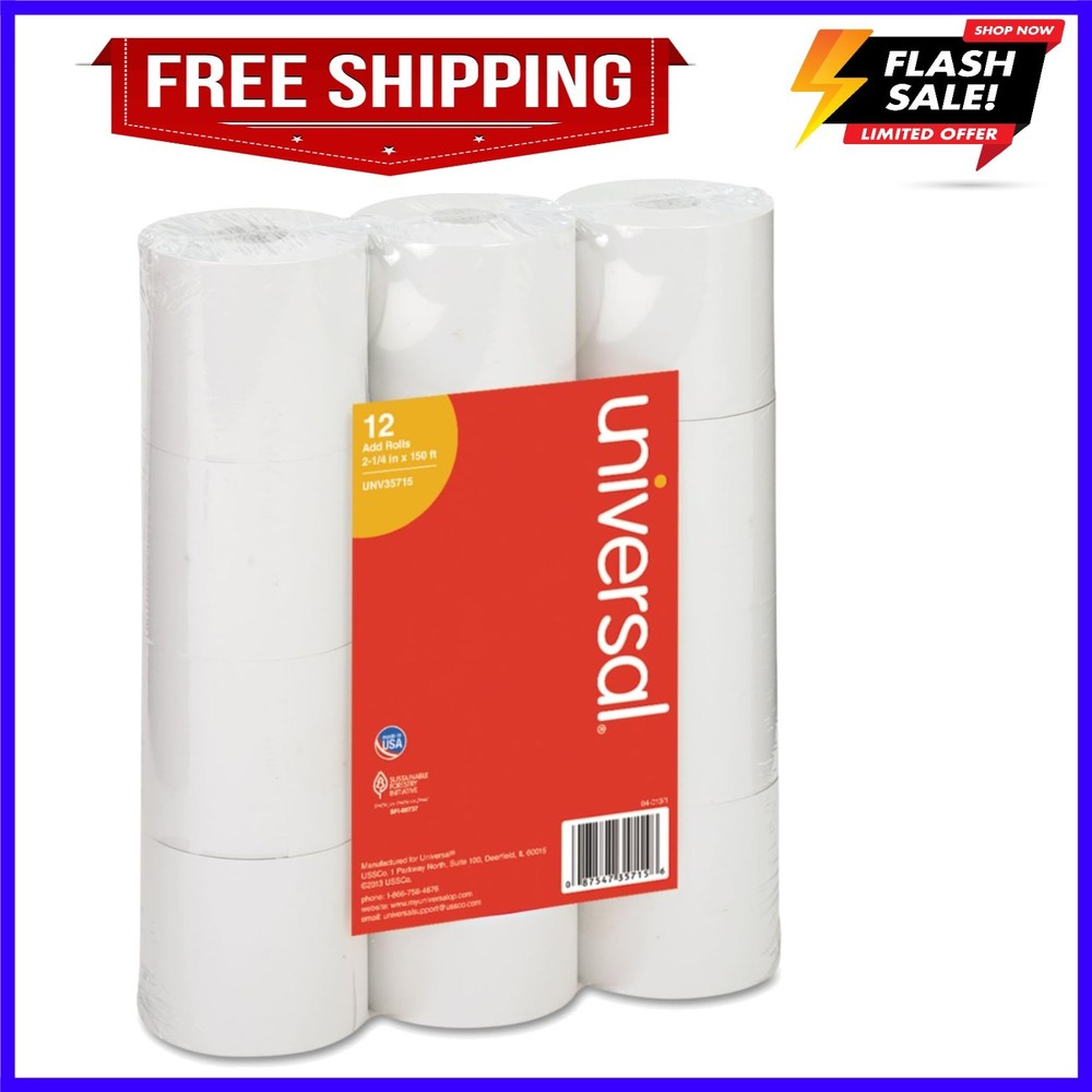 Adding Machine/Calculator Roll, 2-1/4"x150 ft White 12/Pack,