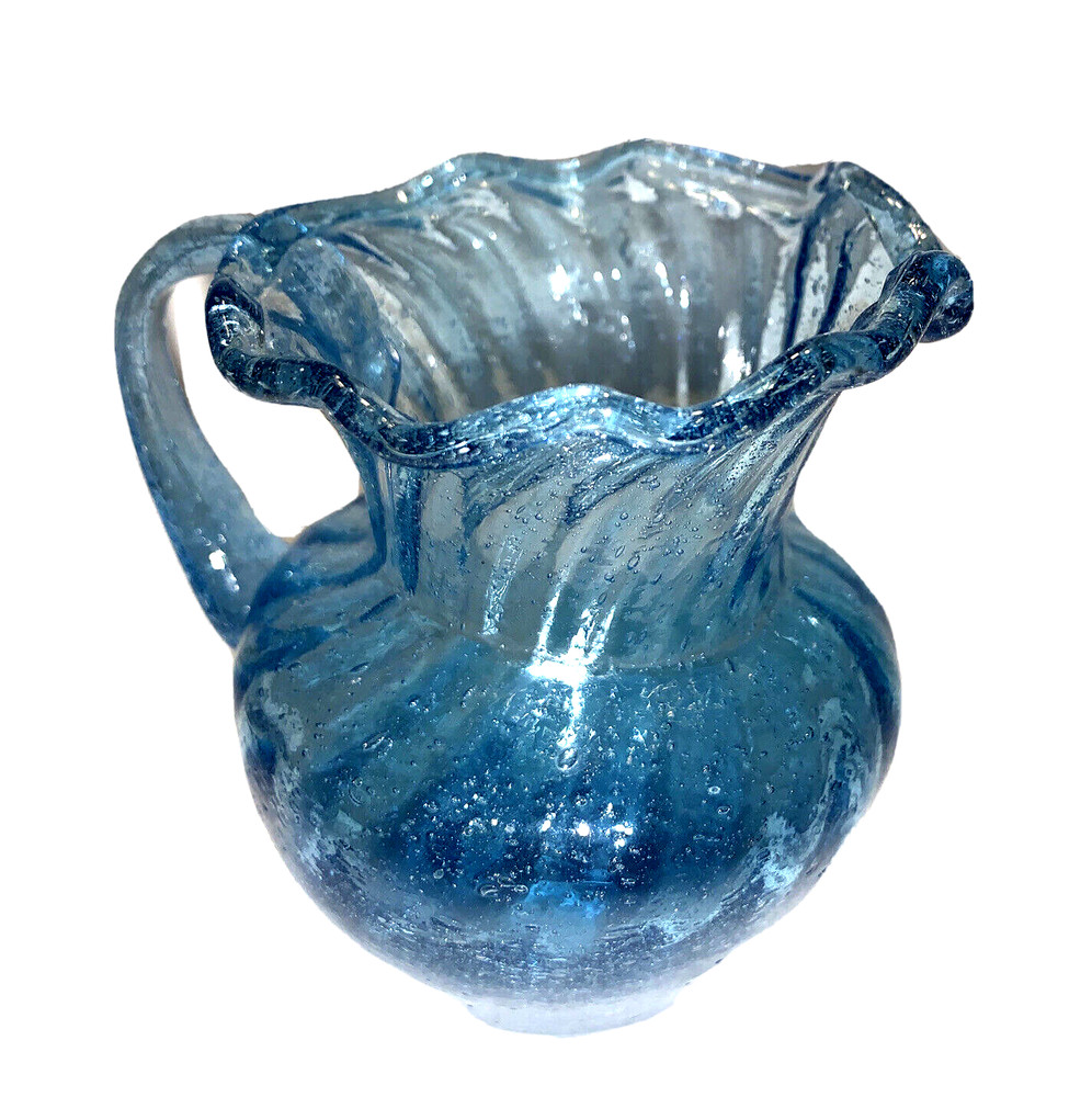 Small Hand Blown Blue Glass Creamer Pitcher w Applied Handle