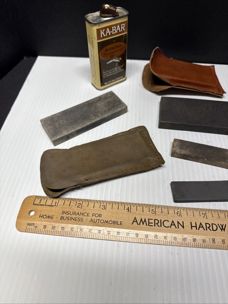 Six Sharpening Stones Some With Sheaths + Honing Oil (almost Empty)