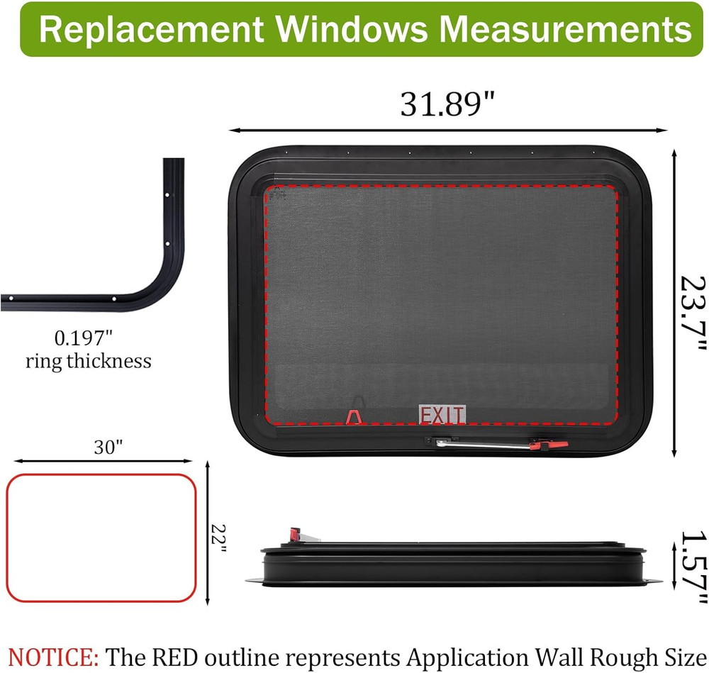 30"X22" RV Emergency Exit Window - Dot-Certified Tempered Glass, Security Lock,