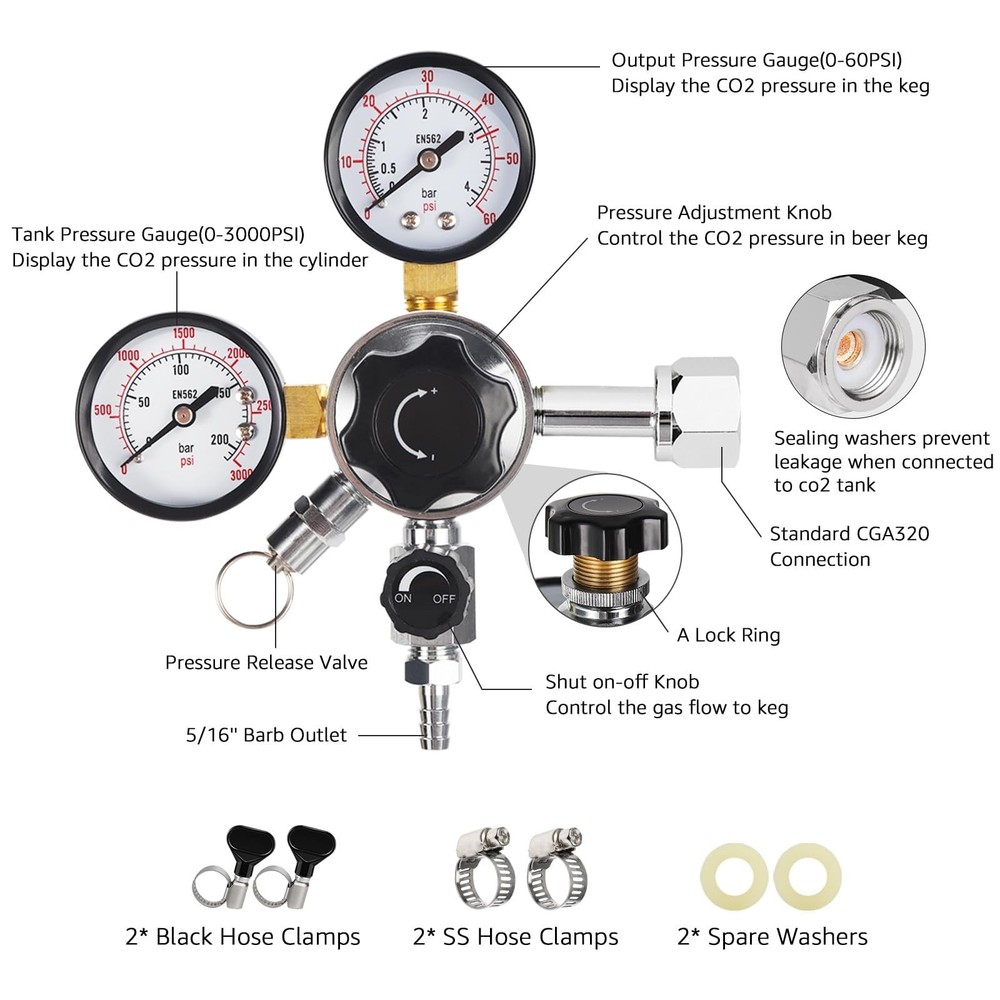 CO2 Keg Regulator Draft Beer CO2 Regulator CGA-320 Regulator Dual Stage CO2 P...