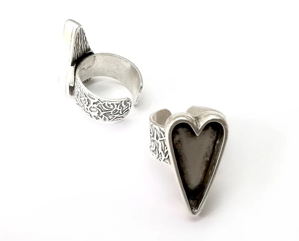 Heart Ring Blank Settings, Cabochon Mounting, Adjustable Antique Silver G33651