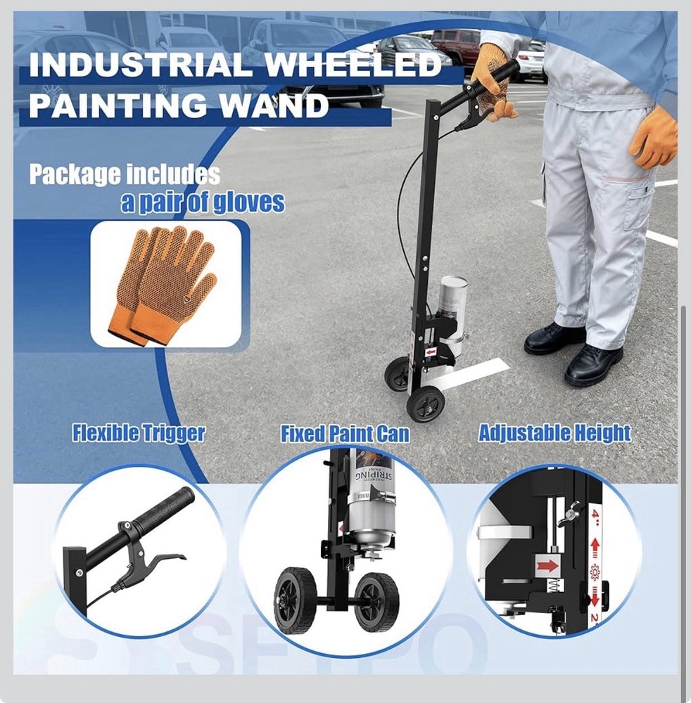 Wheeled Line Striper Cart, Adjustable Stripe Width, Double Wheels, Gloves