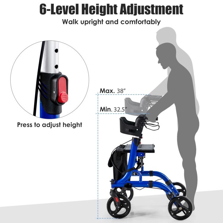 2-in-1 Folding Aluminum Rollator Walker Adjustable Handle W/ Seat 8" Wheels Blue