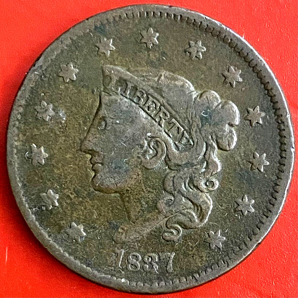 1837 CORONET HEAD LARGE CENT, PLAIN HAIR CORDS, SMALL LETTERS