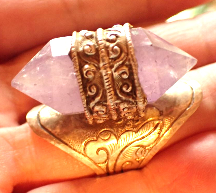 Amethyst Quartz double point Ring  adjustable in Sterling