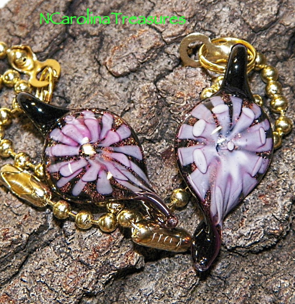 MURANO GLASS CEILING FAN SWITCH PULL LEAF DESIGN PURPLE FLORAL BURST SMALL PAIR