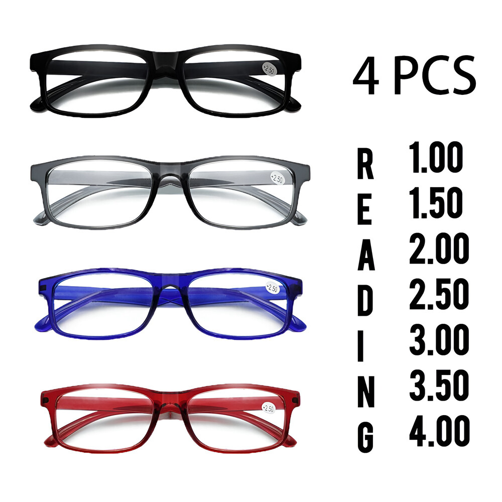 4 Pair Rectangular Spring Hinge Power Reading Reader Glasses For Men Women