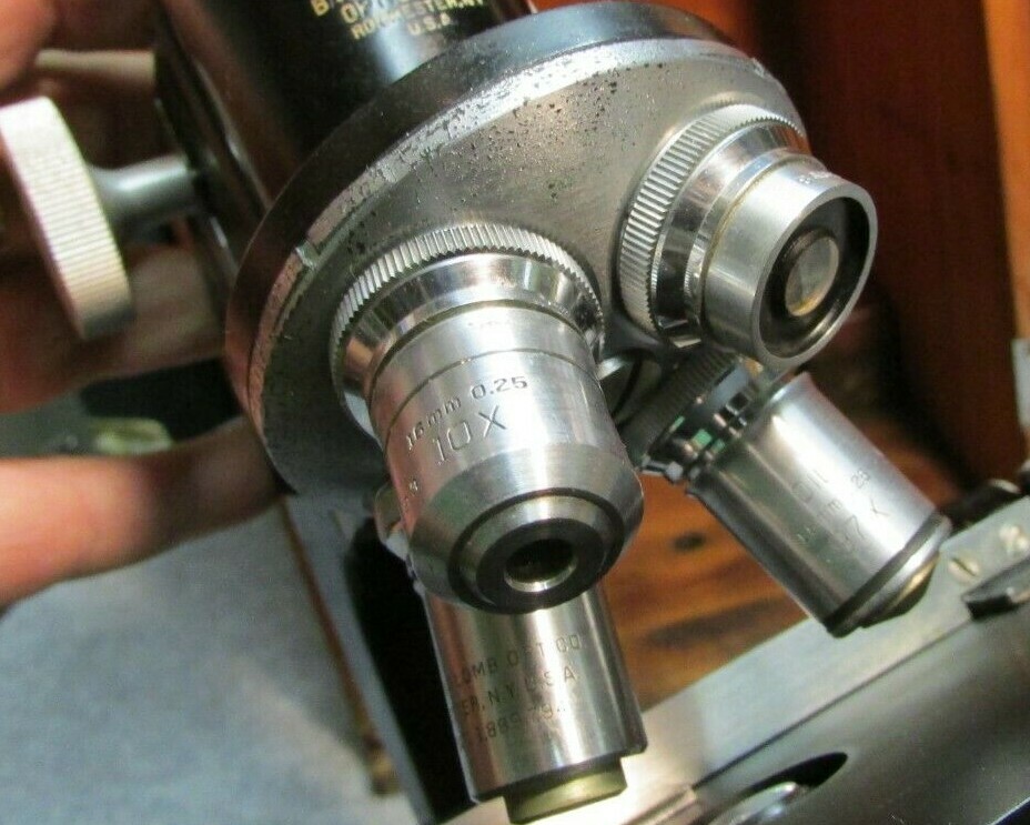 Antique BAUSCH & LOMB MICROSCOPE Complete with Original Locking Wood Case & Key