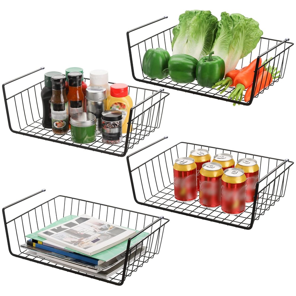 4 Pack Black Under Shelf Wire Basket, Hanging Storage Baskets Under Cabinet A...