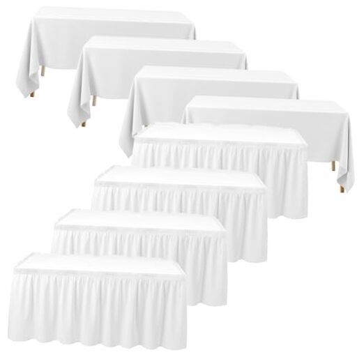8 Pcs White Table Skirts and Stain Proof Table Cloths 168 x 29 Rectangle