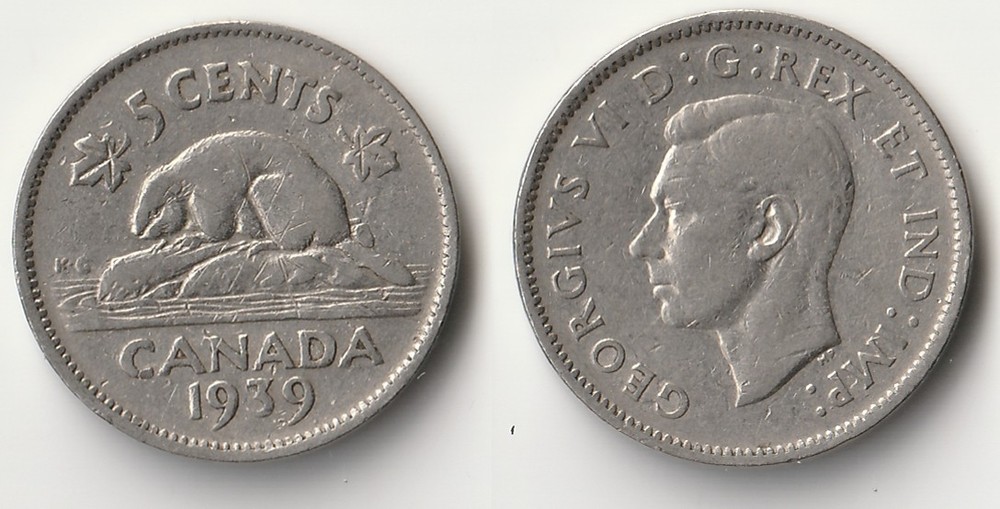 1939 Canada 5 cents coin