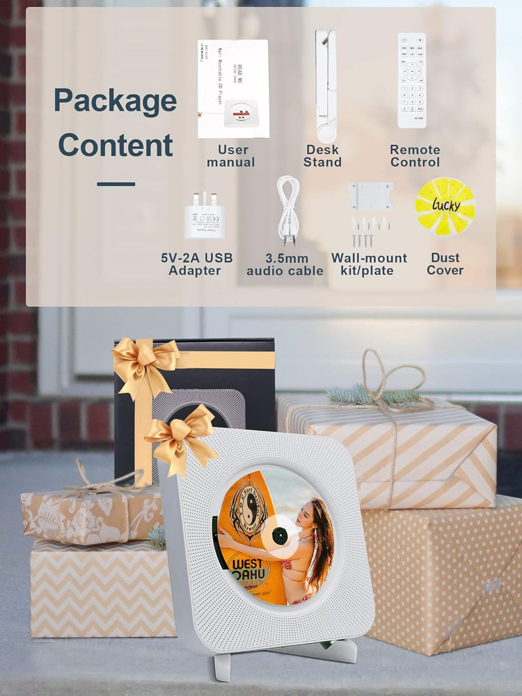 Portable Wall Mounted CD Player with Bluetooth, Mountable CD Music Player Built