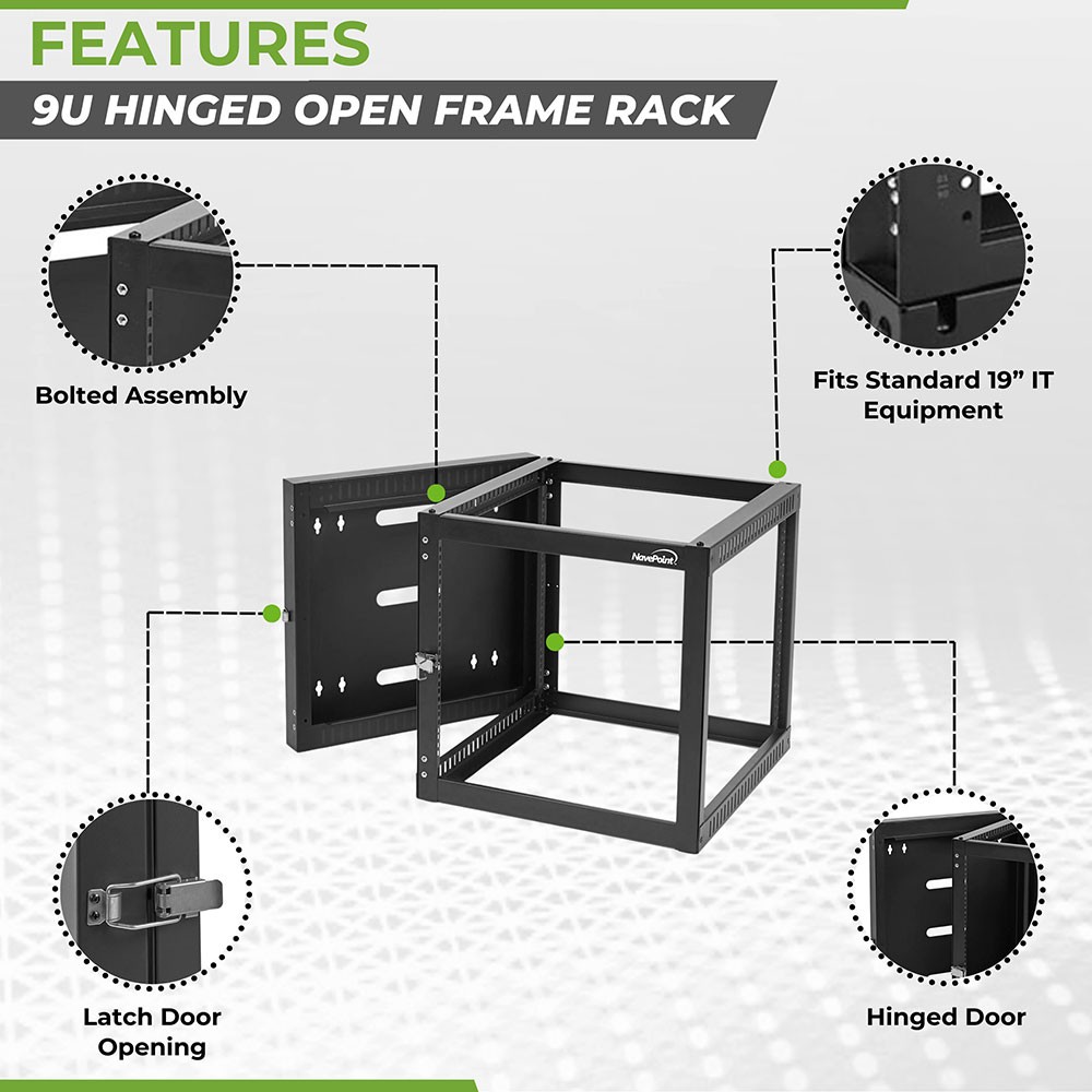 NavePoint Wall Mount Server Rack with Hinged Back, 4-Post 24” Deep, Rear Swing