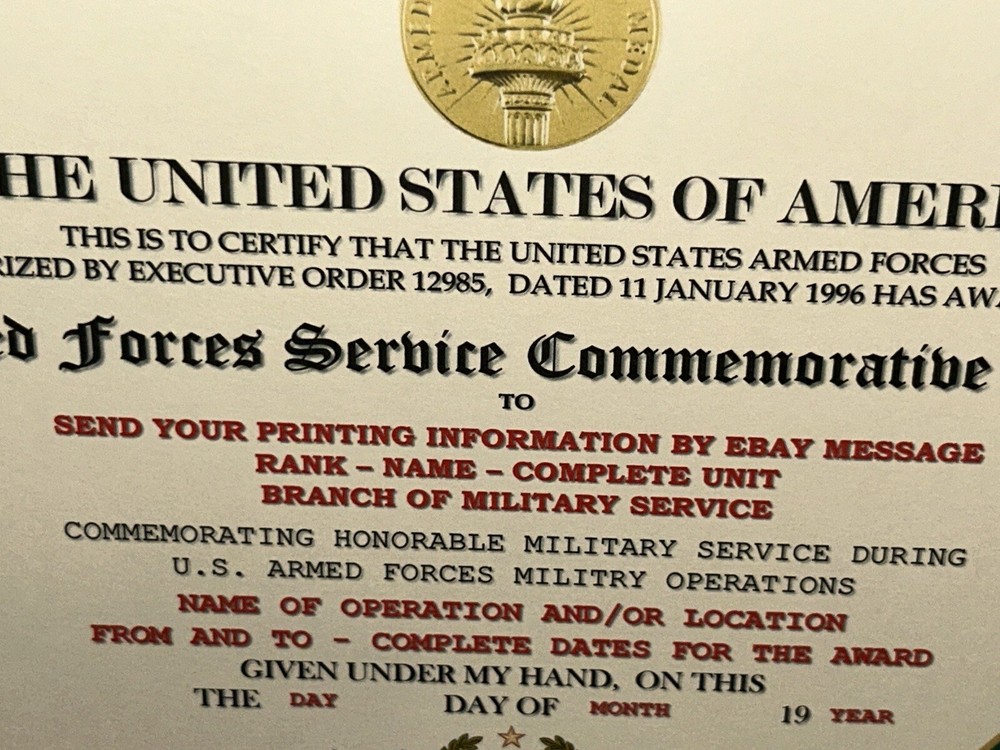 ARMED FORCES SERVICE MEDAL COMMEMORATIVE CERTIFICATE ~ W/PRINTING TYPE-1