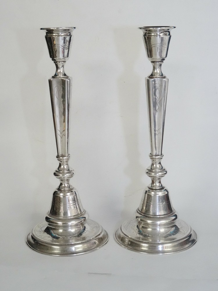 PAIR ANTIQUE 19c AUSTRIAN CHASED STERLING SILVER SABBATH CANDLESTICKS 13" * 770g