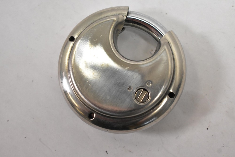 HOH Combination Padlock Medium Silver Steel Round Disc 4-Dial Lock Shrouded