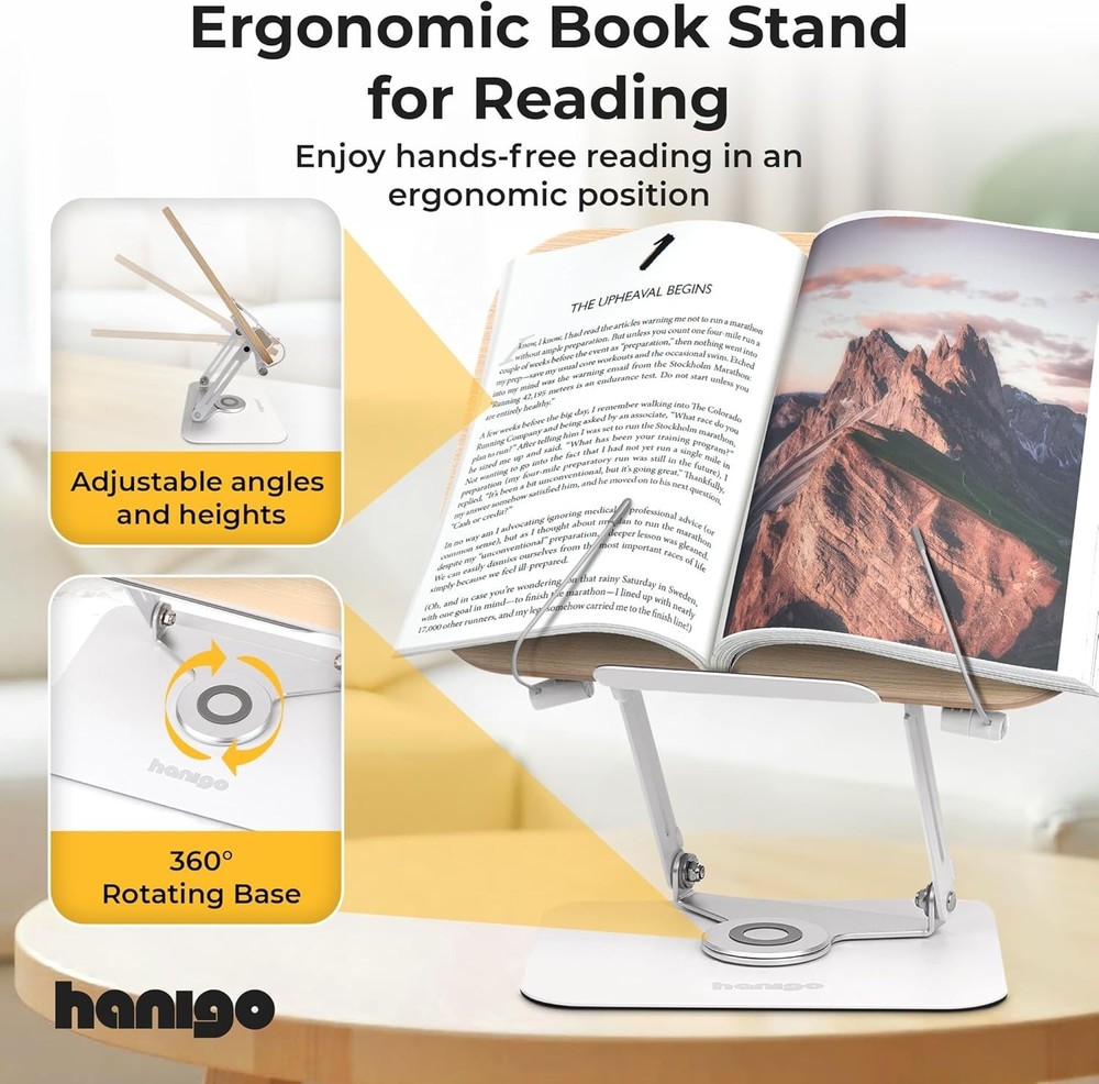Book Stand for Reading - Adjustable Book Holder with 360° Rotating Base, Ergonom