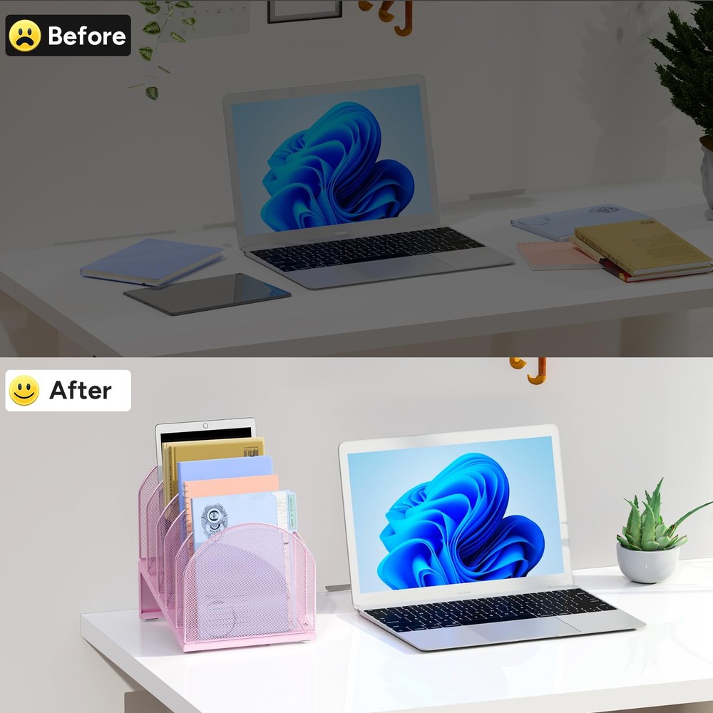 5 Section Desk File Organizer Metal Mesh Folder Documents Mail Pink