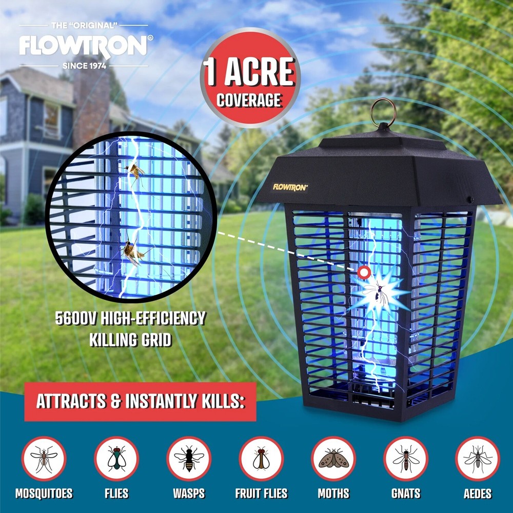 FLOWTRON BK-40D OUTDOOR BUG ZAPPER, 1.0 ACRE COVERAGE, DUAL-LURES, 5600 VOLTS!!