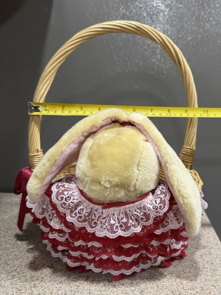 Handmade Stuffed Bunny Rabbit Basket Flowers Lace Easter in EUC