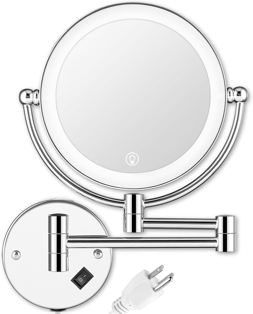 Wall Mounted Lighted Makeup Mirror with Magnification. 8-Inch 1X/10X Wall Mount