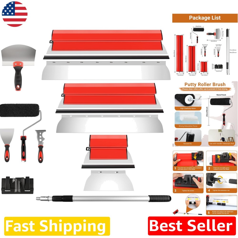 Complete Drywall Skimming Tools 3 Metal Blades, ABS Handle, Ext. Pole