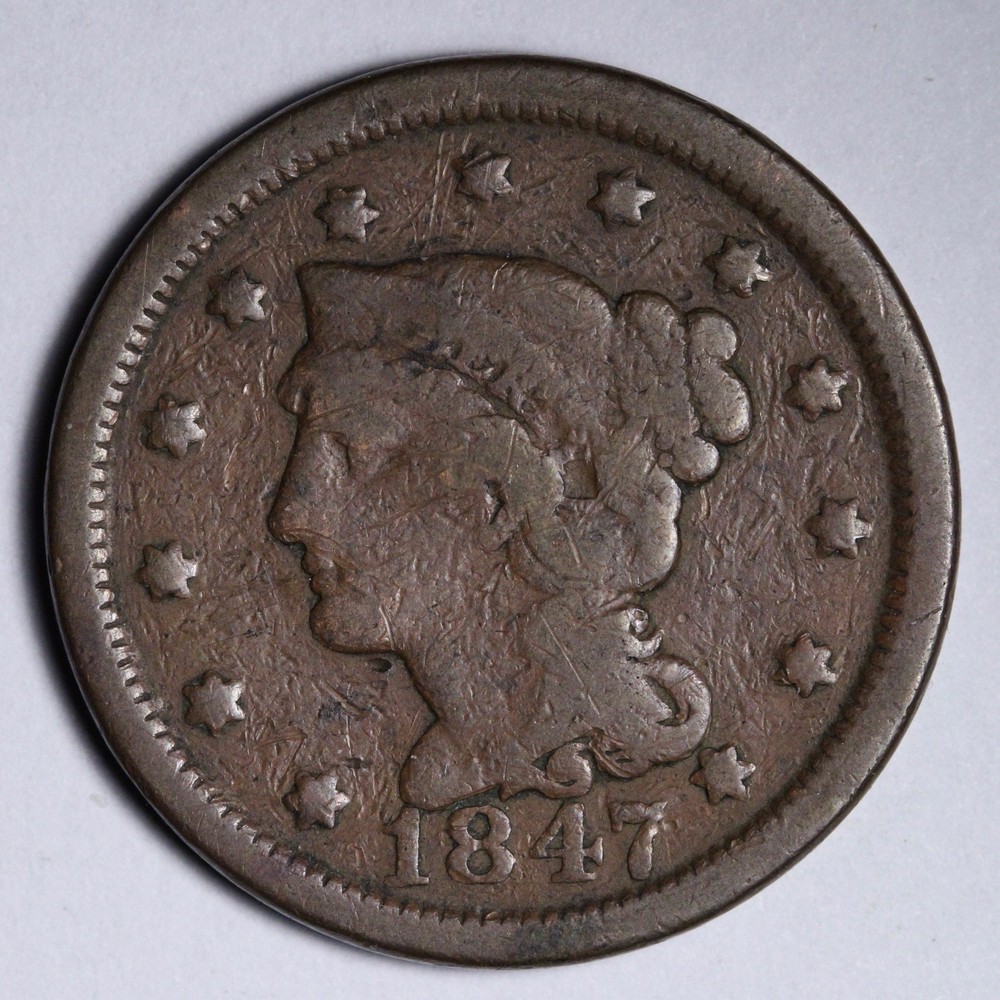 1847 Braided Hair Large Cent VG E103 DIQA