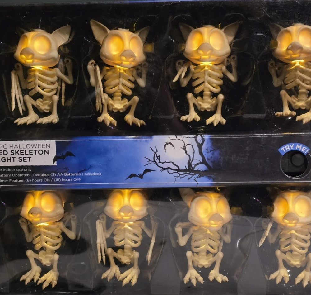 Halloween Bat Skeleton Light String with Timer 8 Squatty Bats Dangle Wings