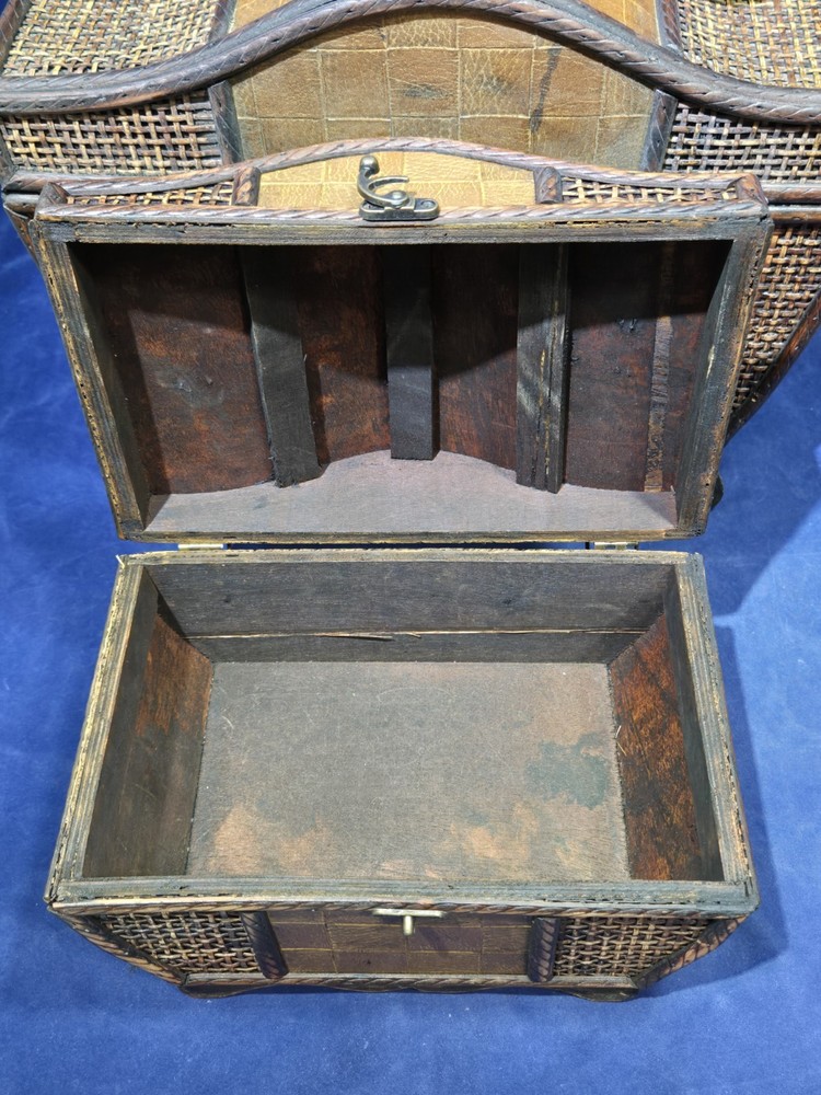 3 Beautiful Wooden Wicker Keepsake Chests, Large, Medium And Small, Stack