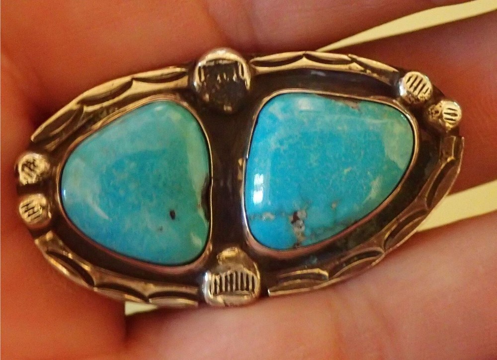 Blue Turquoise two stone Sterling Ring NICE!  sz 11.5