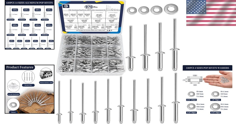 Comprehensive Aluminum Pop Rivets Assortment Kit - 14 Sizes with Washers