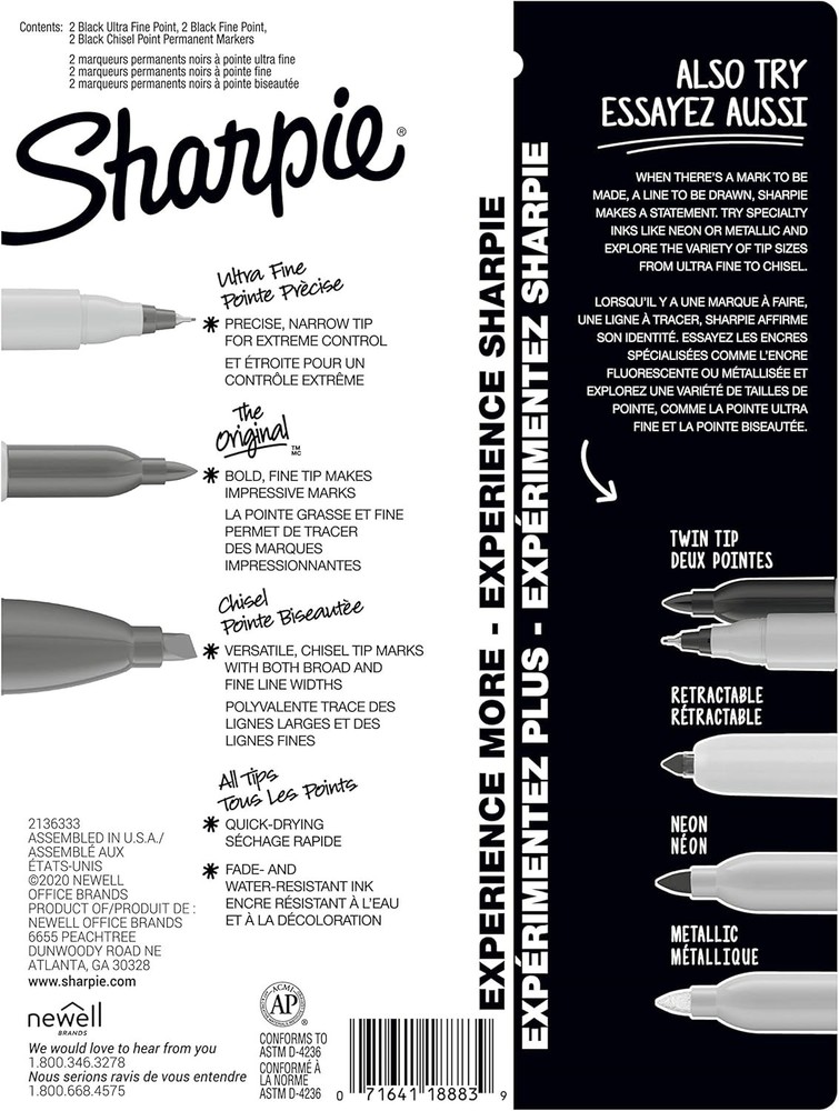 Sharpie Permanent Markers 6 Count Variety Pack Fine Ultra Fine Chisel Tip Black