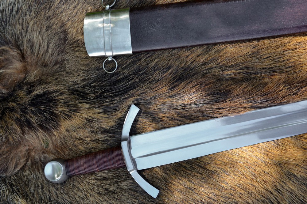 Medieval wide sword with sheath, decorative sword