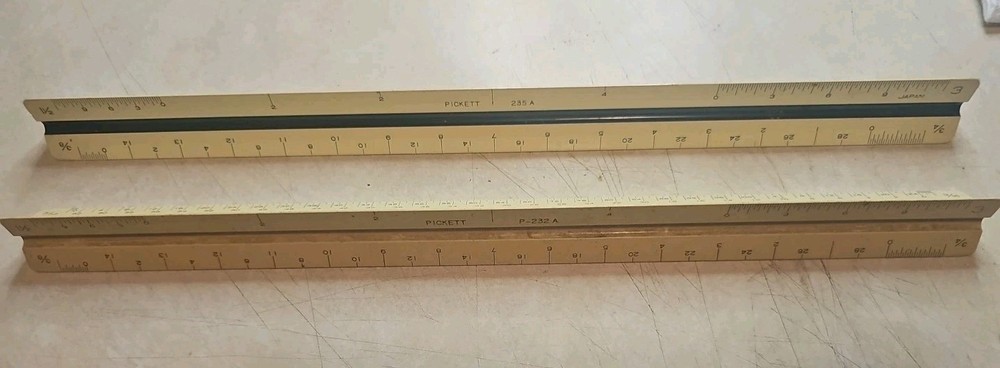 2 VTG Pickett Architect Scale Drafting Triangular Ruler Japan 235A & P-232A