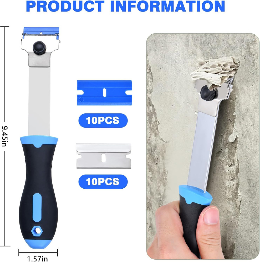 Razor Blade Scraper Tool w/ 20 Blades Long Handle Cleaner