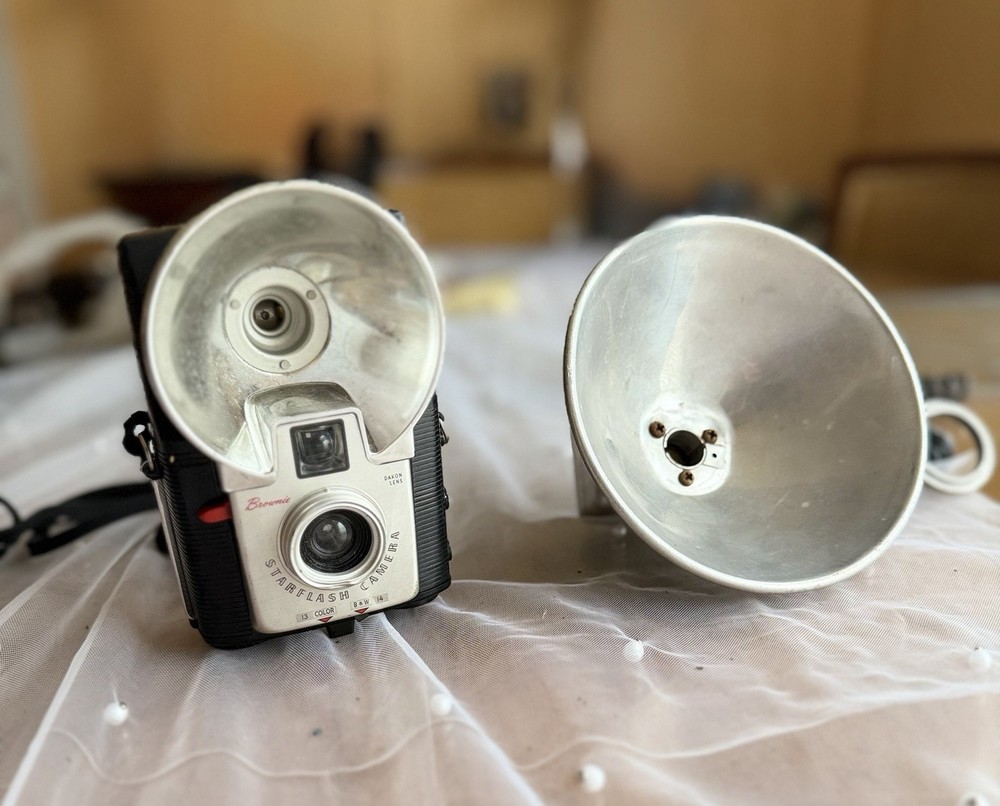 Kodak Brownie Starflash Camera Black Silver White with Flashflex Flash Gun