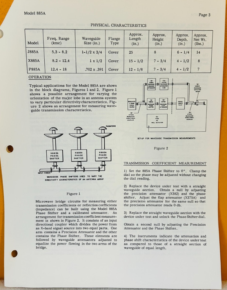 HP 00212-2 Model 885A Waveguide Phase Shifter Operating Note Manual.