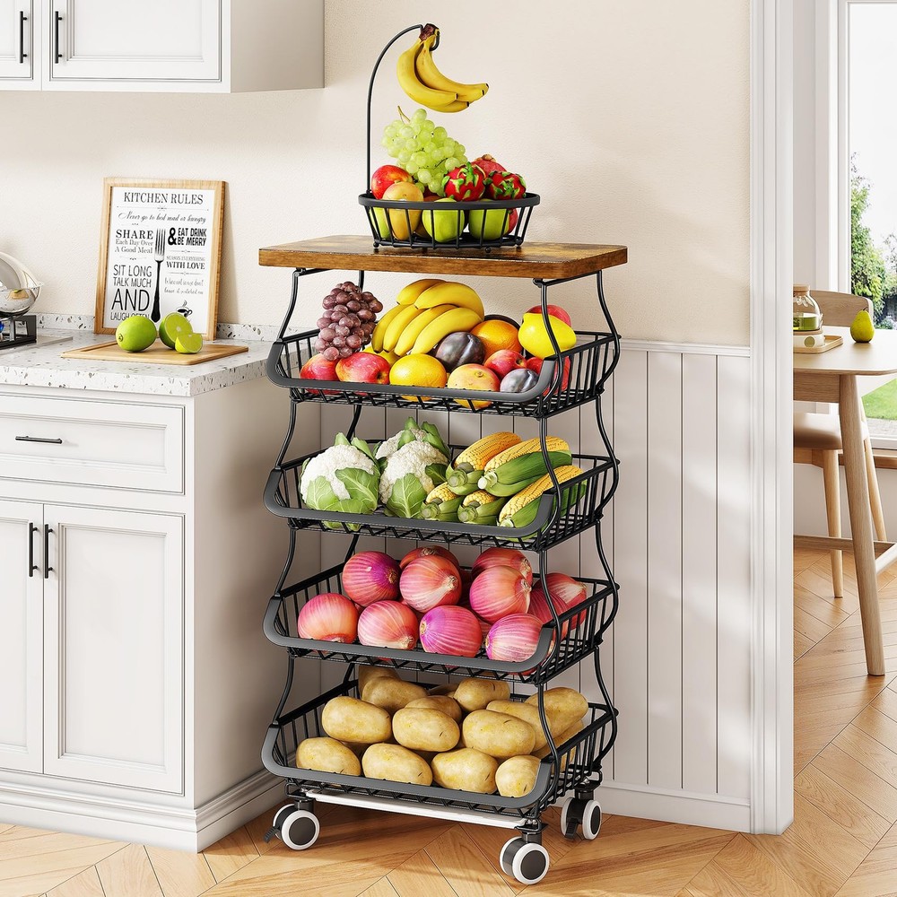 Fruit Basket Kitchen Pantry Organizers and Storage - Wooden Top Table, Stacka...