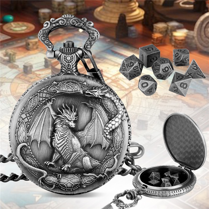 7pcs Mini Solid Metal DND Dice Set in Pocket Watch Case for Dungeons & Dragons
