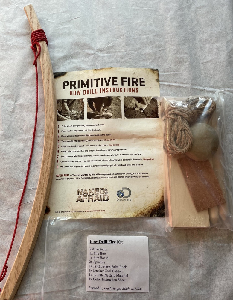 Primitive fire bow drill kit with instructions