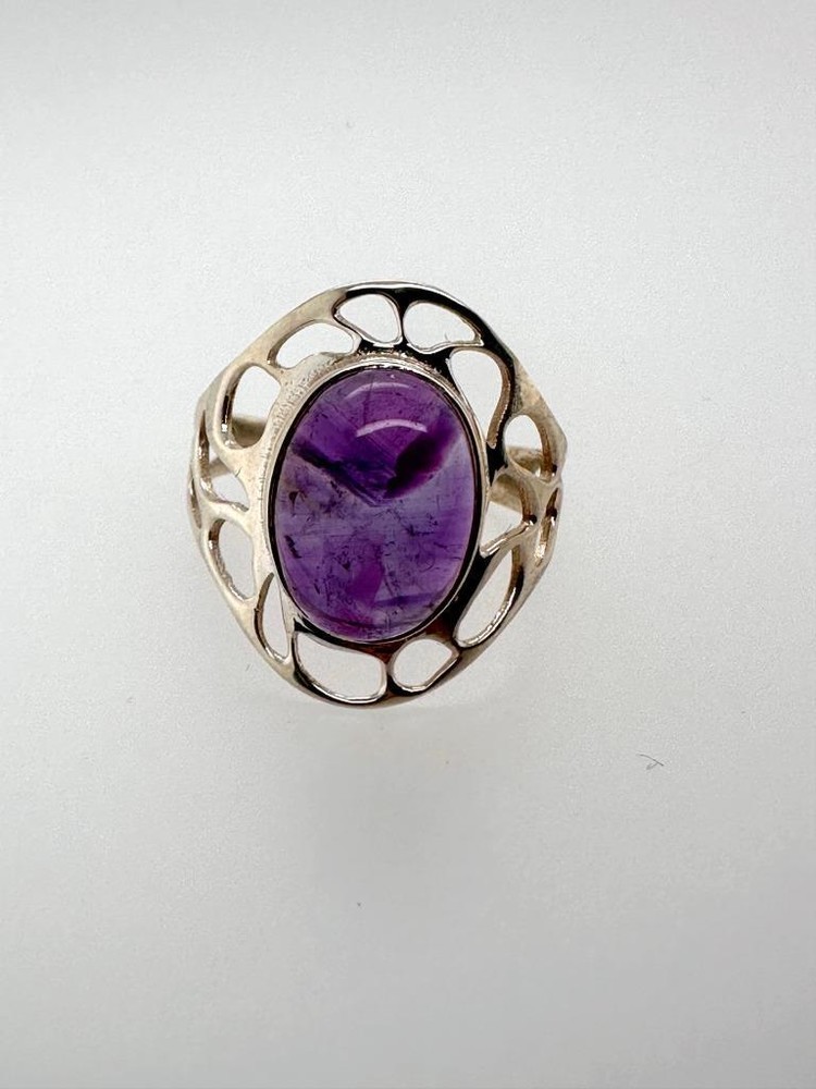 Artisan Amethyst Oval Cabochon Sterling Silver Cut Out Setting Ring Sz 10