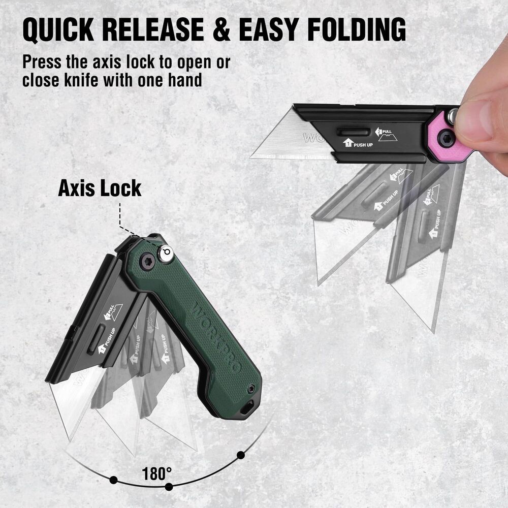 WORKPRO 3PCS Folding Utility Knife Quick Change Blade Box Cutter G10 Handle Axis