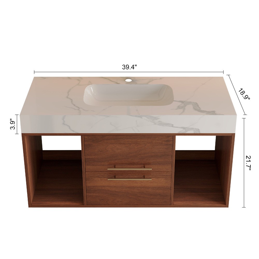 39.4" Floating Bathroom Vanity with Sintered Stone Top & Ceramic Sink
