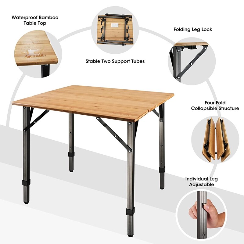 VILLEY Heavy Duty Bamboo Folding Camping Table Portable Table Load 176 lbs Table