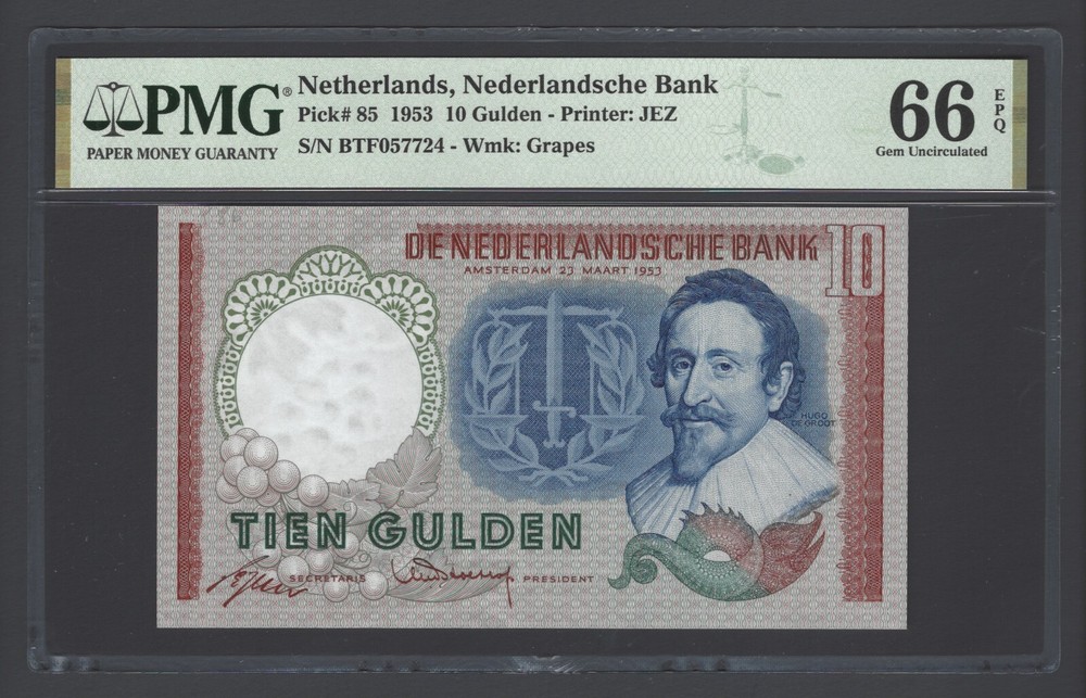 Netherlands 10 Gulden 1953 P85 Uncirculated Grade 66